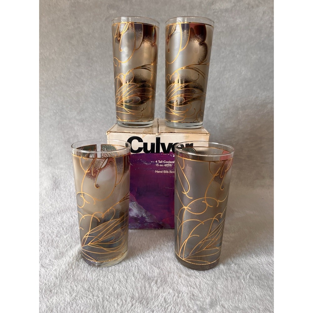 Culver 22k Gold Glasses Tall Cooler Silk 15oz MCM‎ Barware Hollywood Regency